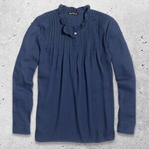 J.Crew Mercantile Blouse Long Sleeve Ruffle Neck Button-Up Front Pintuck Blue 4‎